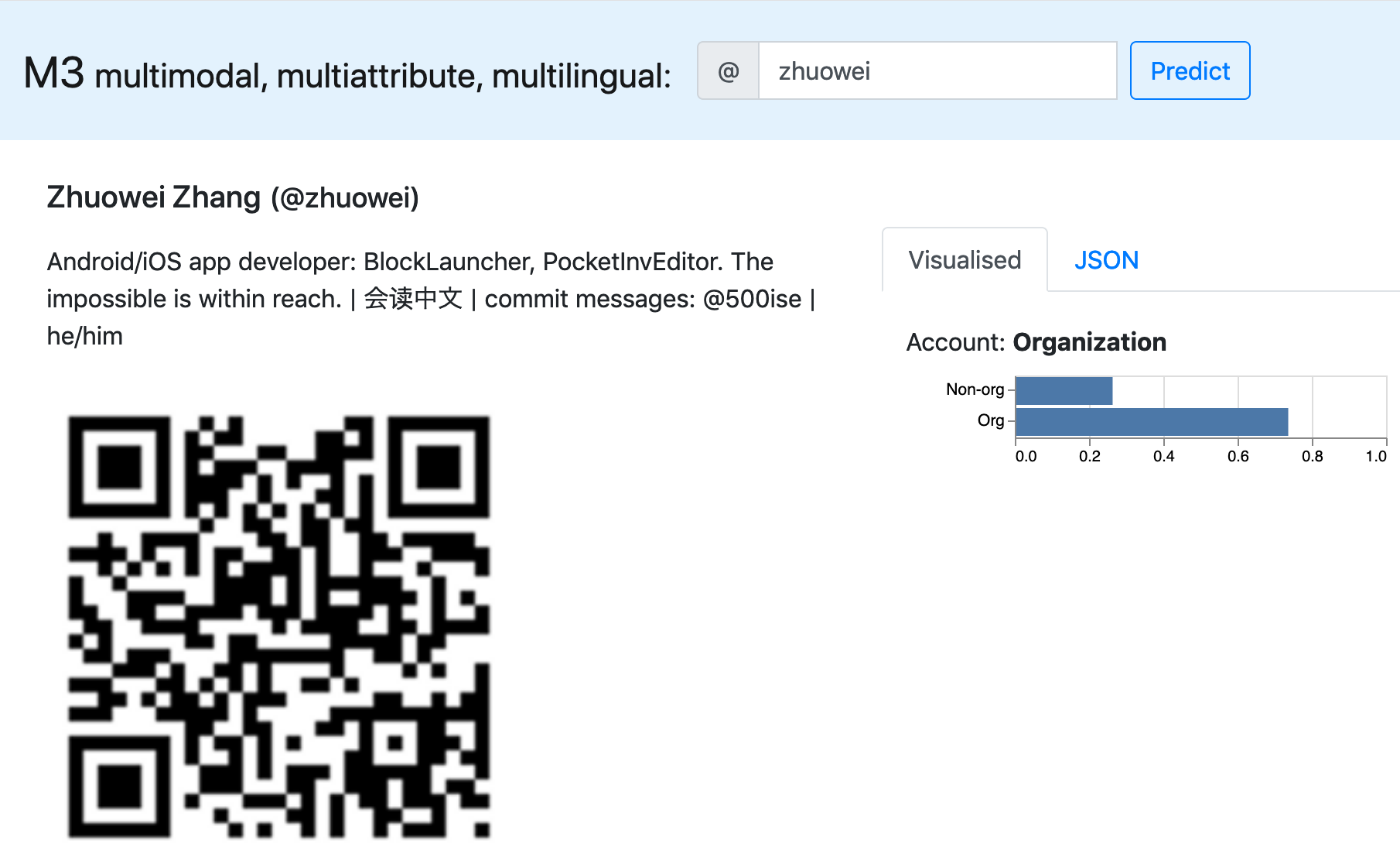screenshot of m3inference on @zhuowei, saying that I'm a corporate account